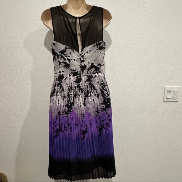 Adrianna Papell Dress Size 4 Pleated Chiffon Fit & Flare Ombré Black Purple - Picture 4 of 10